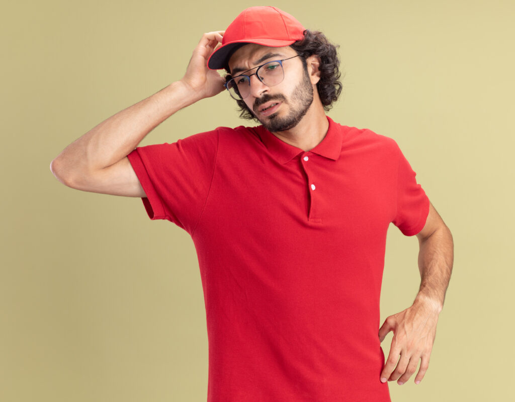 confused young caucasian delivery man in red uniform and cap wearing glasses touching head looking down isolated on olive green background