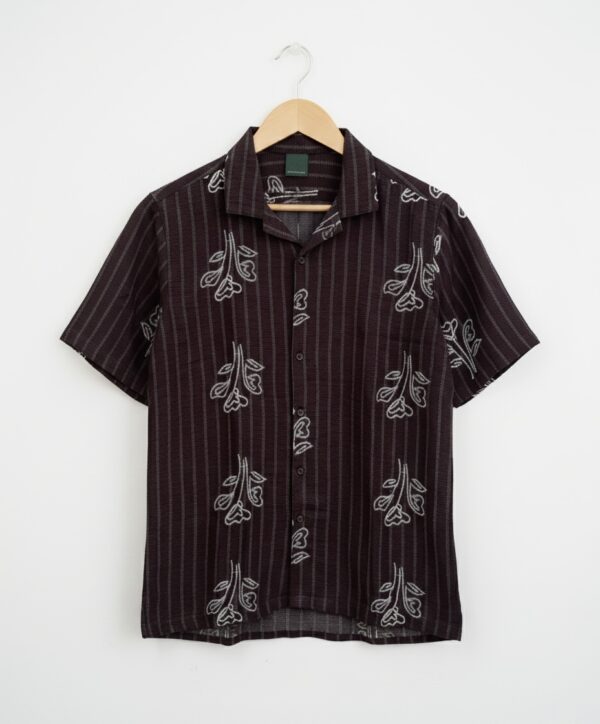 Striped Floral Motif Camp Collar Shirt